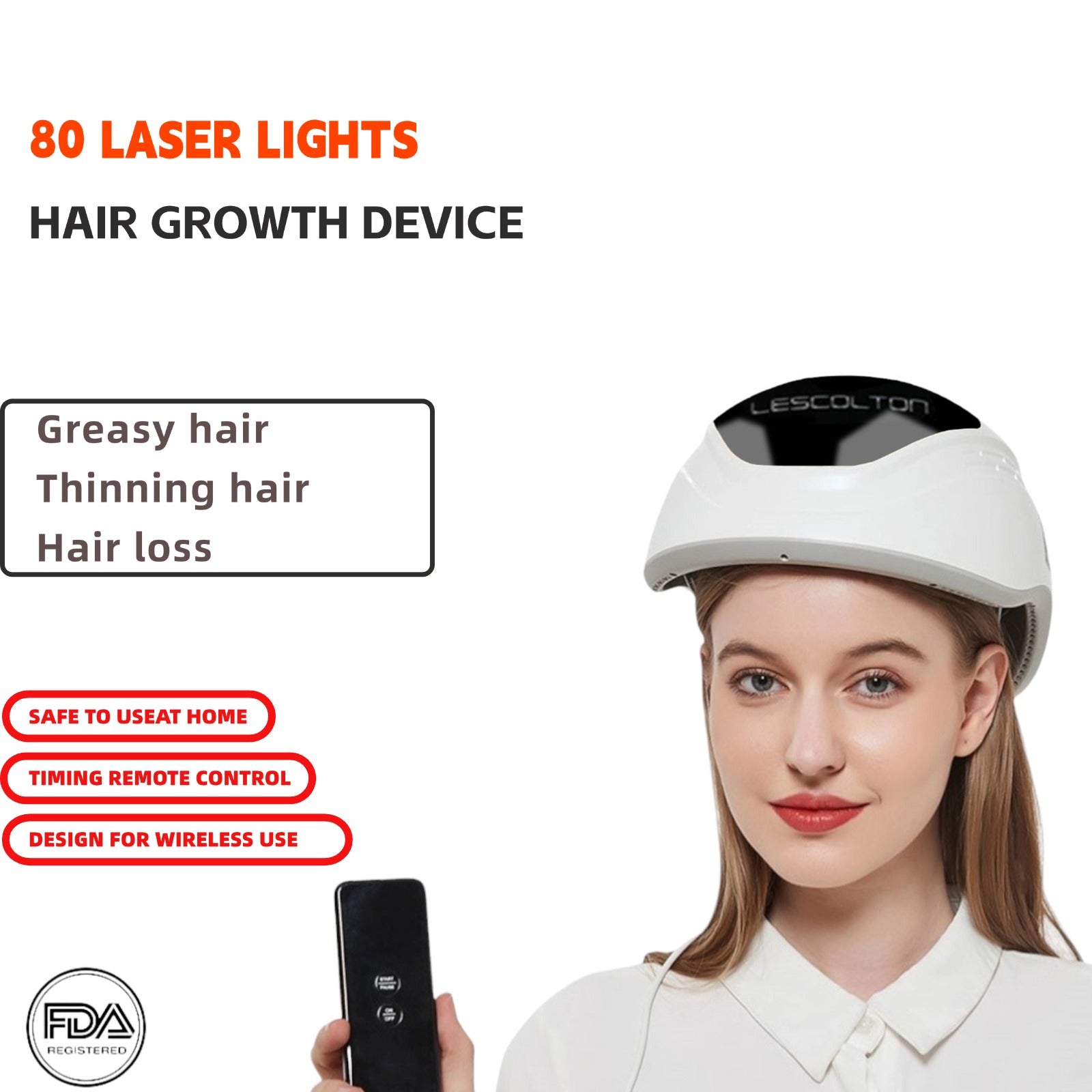 Portable Hair Regrowth Unit, FDA Approved, 80 Laser Diodes, Rechargeable Red Light Therapy Cap and Helmet